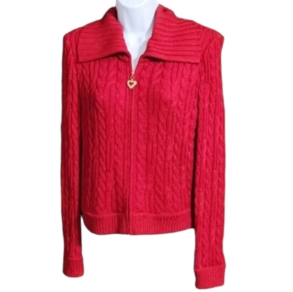 St John Red Metallic Cable Knit Cardigan Gold Heart